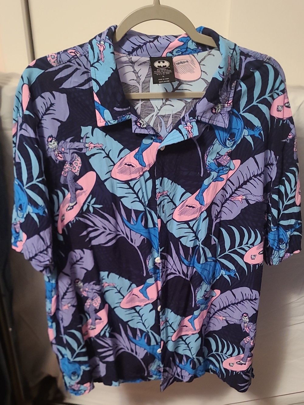 Batman Surf Graphic Button-Down in Navy, Pink & Light Blue